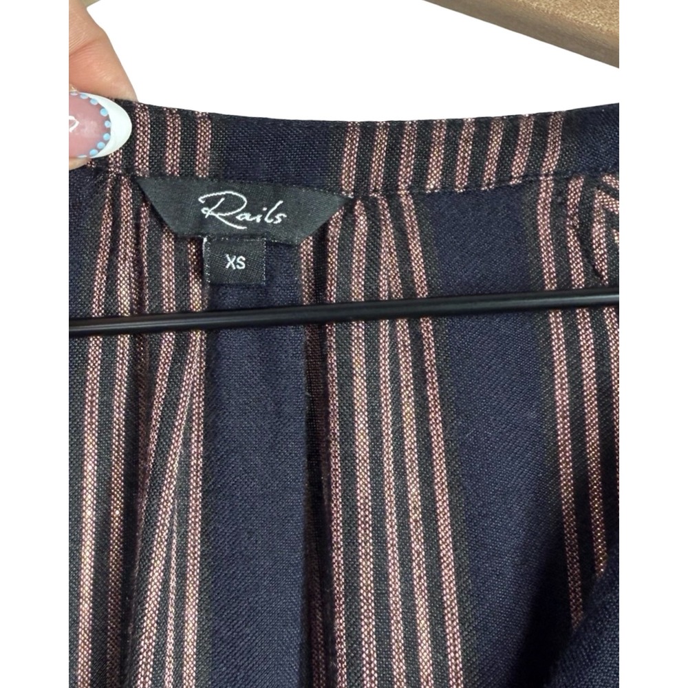Rails Navy Rose Gold Metallic Stripe Smocked Waist Mini Dress XS - Picture 2 of 8